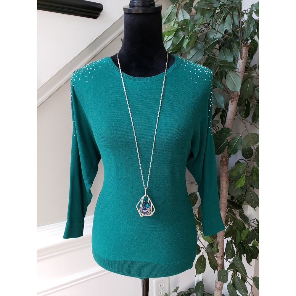 Loft‎ Sweater Womens Small Petite Green Beaded Cold Shoulder Ribbed Cuff & Hem